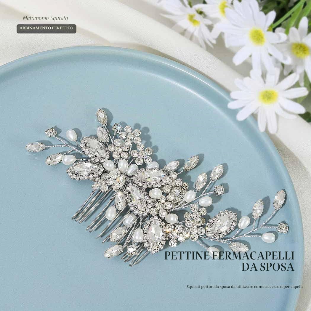 Accessori per Capelli da Sposa, Pettine per capelli da sposa con Perle di Cristallo, Accessori Eleganti per Ragazze e Donne Matrimonio, Festa, Ballo (Argento)