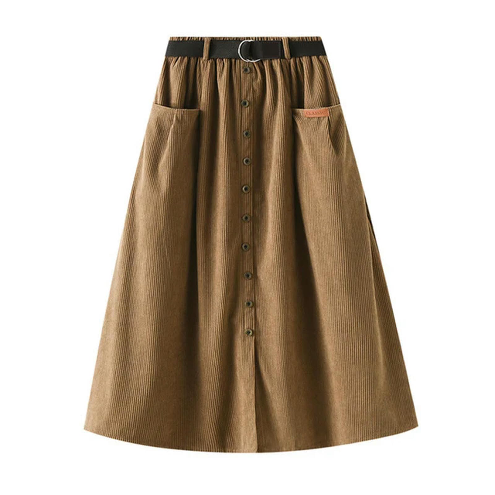 Gonna Gonna Midi Vellutoy Autunno Invernale Femminile con Tasche A Bottoni Cintura di Gonna A Fessura Pieghetta Gialla Nera