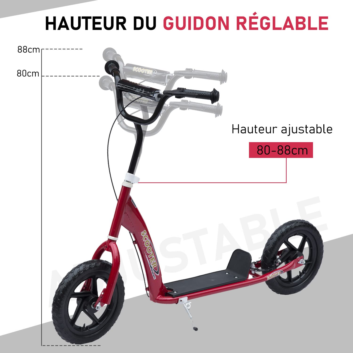 HOMCOM Trottinette Enfant patinette pneus 30 cm Hauteur Guidon réglable Frein béquille Acier 5 Ans