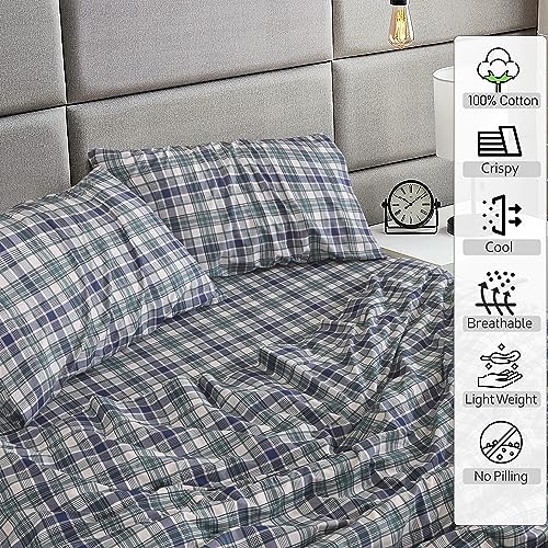 RUVANTI 100% Cotton Split King Sheets Sets for Adjustable Bed, 5 PCs, Soft & Breathable Percale Weave Bedding, Deep Pocket 16", Hotel Standard, Crisp Cool Feel & Durable Sheet, Greenish Blue Plaid