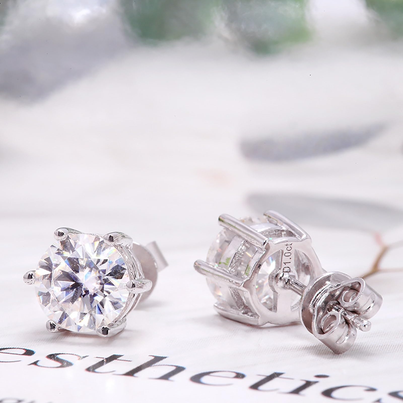 Moissanite - Orecchini da uomo, in argento con glitter a 6 punte, rotondi, con 1 carati di moissanite