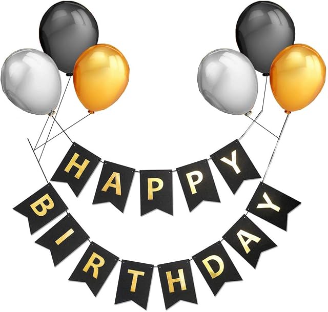 AUERVO Happy Birthday Banner, Large Black Birthday Bunting with Shiny Gold Letters and 6 Pcs Balloons Party Decorations kits for Any Ages's Party Supplies