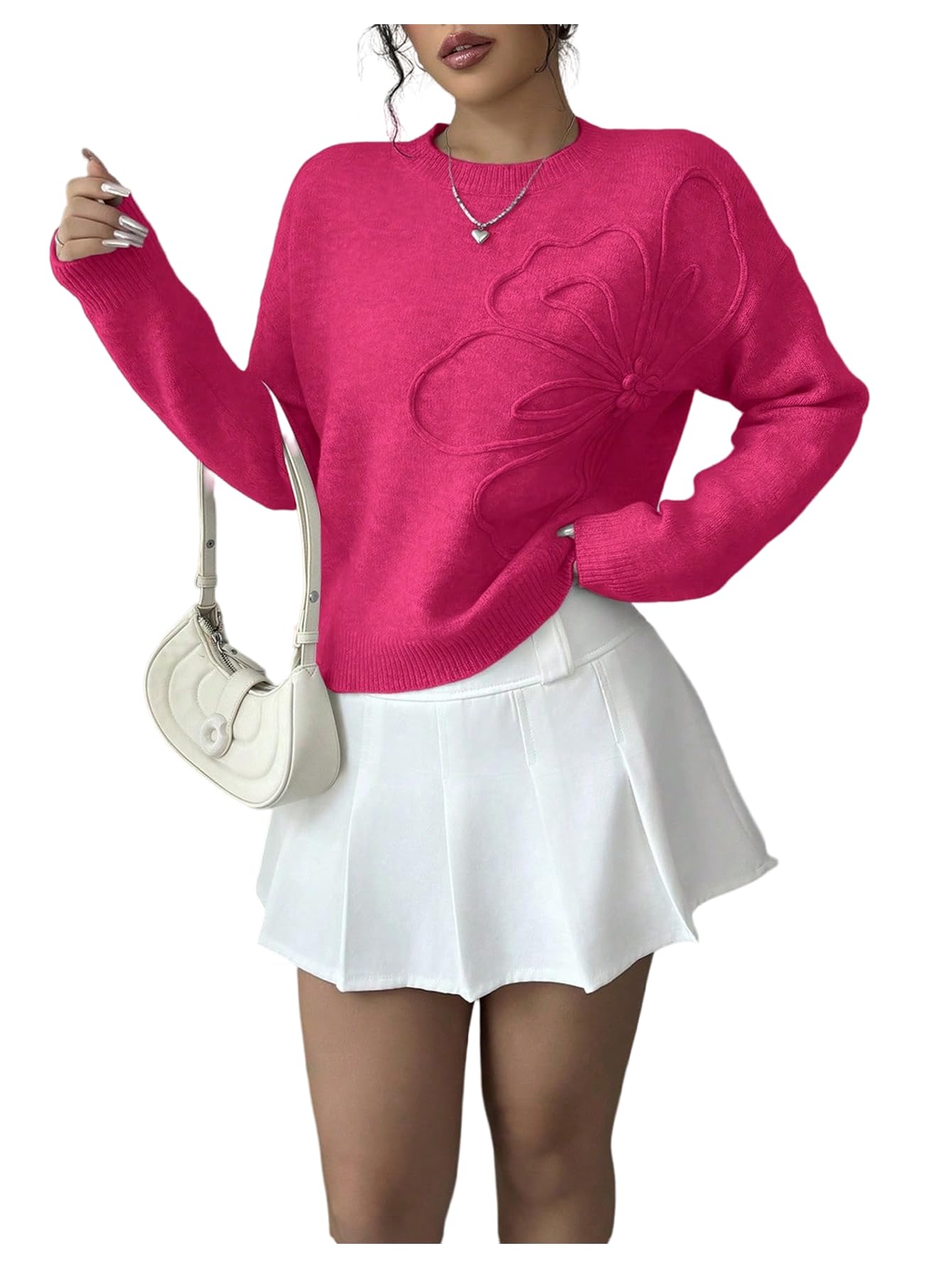 RoseSeek Women's 3D Floral Appliques Sweaters Long Sleeve Knit Tops