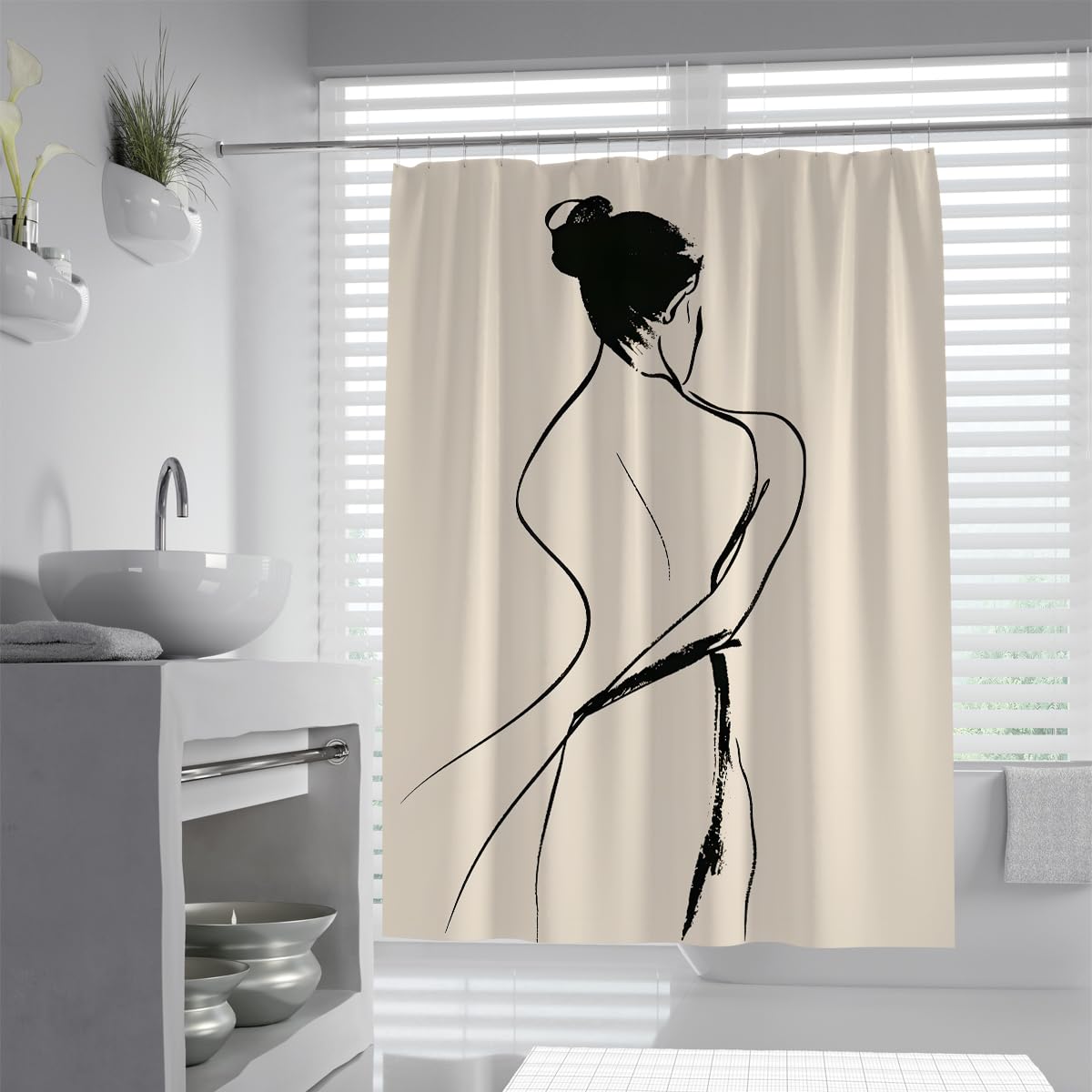 Uiringart Shower Curtains Beige Abstract Elegant Lady Sketch W180xl200cm Modern Minimalist Waterproof Water Repellent Bath Tub Curtain Decor With Hook