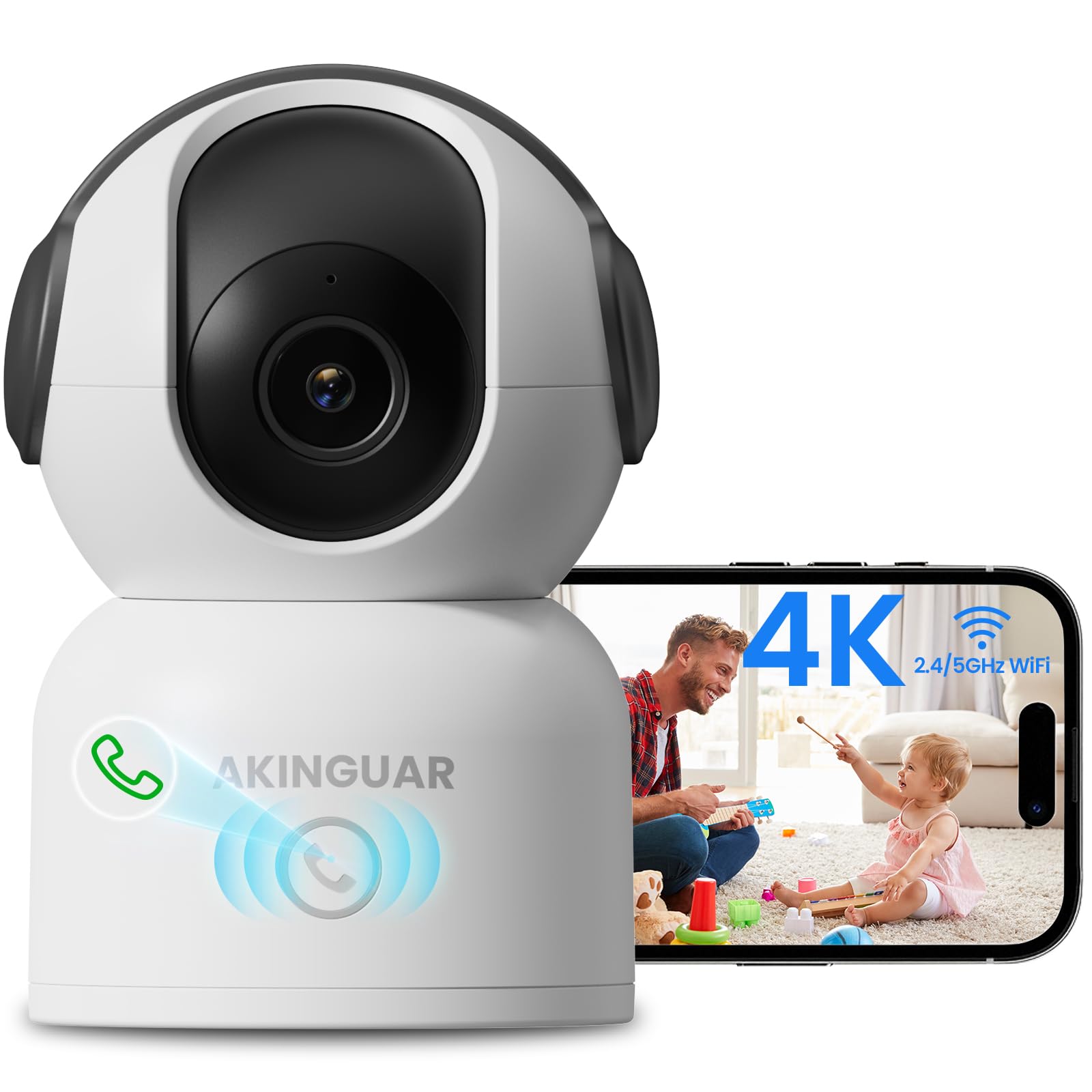 AKINGUAR AKINGUAR 4K Telecamera WiFi Interno, WiFi 2,4/5 GHz Videocamera di Sorveglianza, 360° Telecamera IP, AI Rilevamento Umano/Animali, Audio Bidirezionale, Chiamata con un Tocco