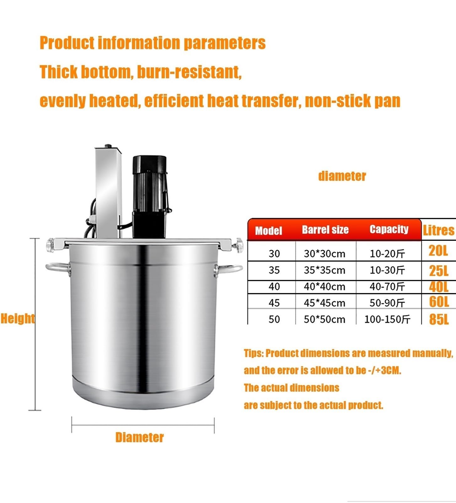 Batidora automática de alimentos, batidora de acero inoxidable for salsas y freír, batidora eléctrica comercial for mermeladas y salsas, raspador de 4 cuchillas for cocinar.(20L)