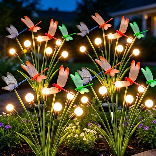 4 Pack Dragonfly Solar Garden Lights Outdoor 24 LEDs Solar Firefly Lights with Dragonfly Outdoor Decor Waterproof Swaying Light for Yard Patio Lawn Pathway Gardening Gift for Women Mom Warm White