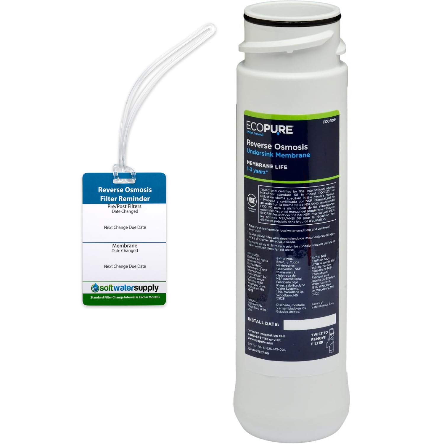 EcoPure Umkehrosmose-Membran – Ecorom – inklusive Filterwechsel-Erinnerungsetikett – NSF-zertifizierter authentischer OEM-Membranfilter für ECOP30 RO Einheit