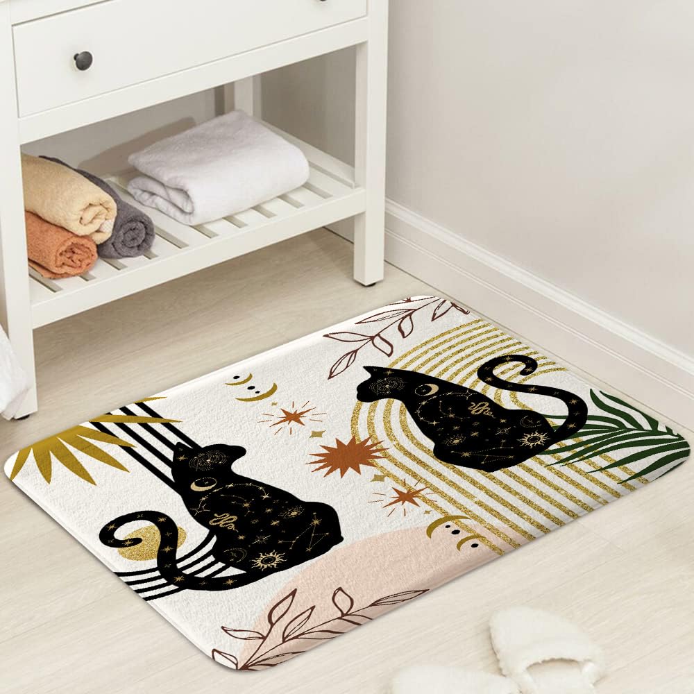 JAWO Boho Black Cat Bath Mats Rugs for Bathroom, Cute Animal Mid Century Modern Moon Flannel Floor Mat Bath Shower Rug Non Slip, Abstract Phase Fancy