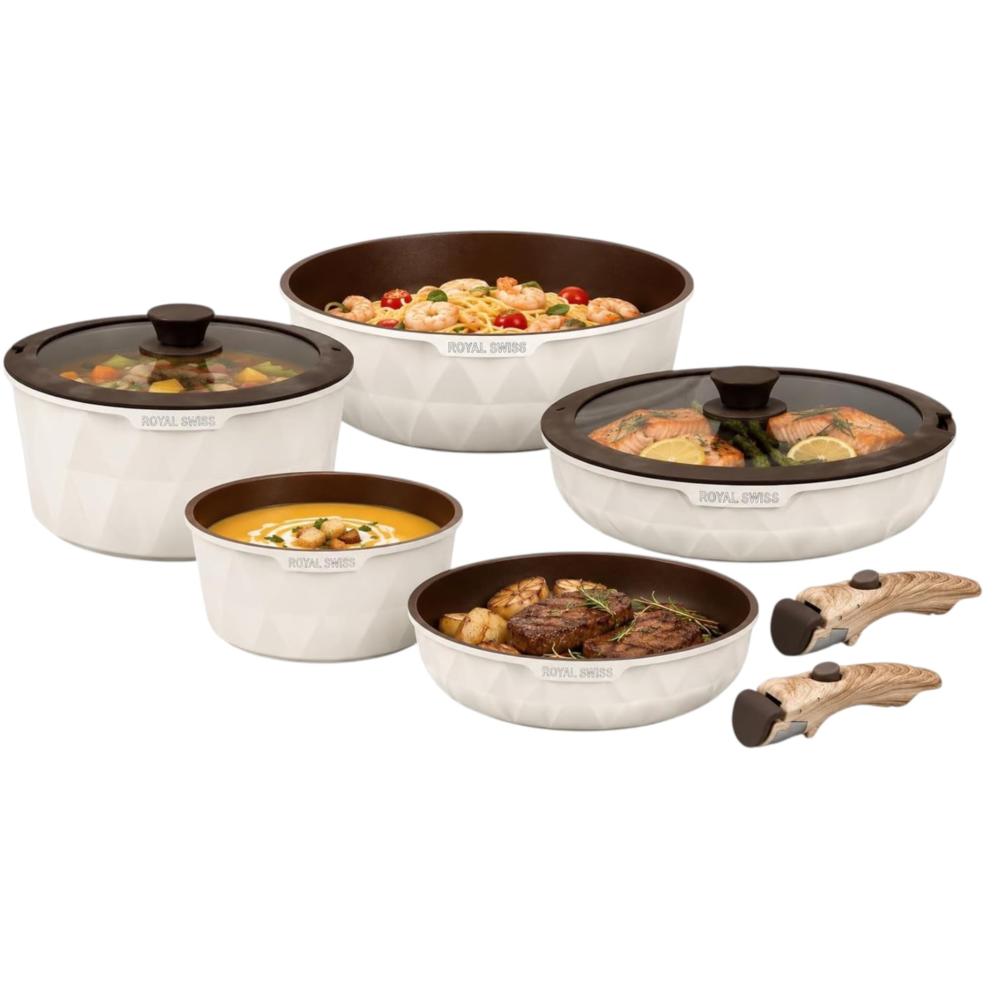 Royal Swiss® Batterie de Cuisine Induction 9 Pièces, Poignées Amovibles, Casseroles & Poêles Empilables, Revêtement Antiadhésif Sans PFAS, Couvercle Universel, Tous Feux, Beige