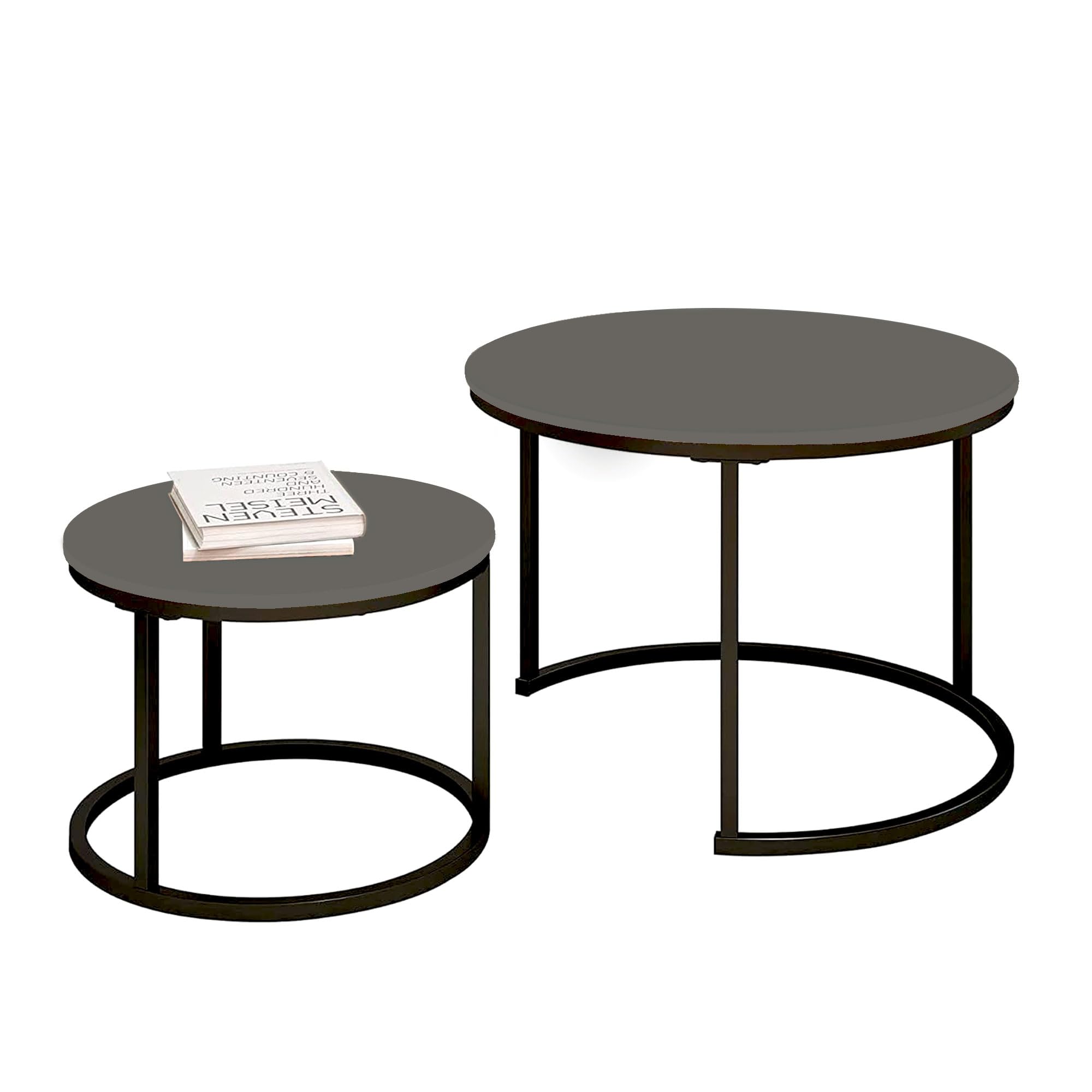 SG TradersRound Nesting Coffee Table Set - Wooden Nest of Tables, Stackable Round Coffee Table for Living Room, Industrial, Stylish Nested Tables - Set of 2 (Grey)