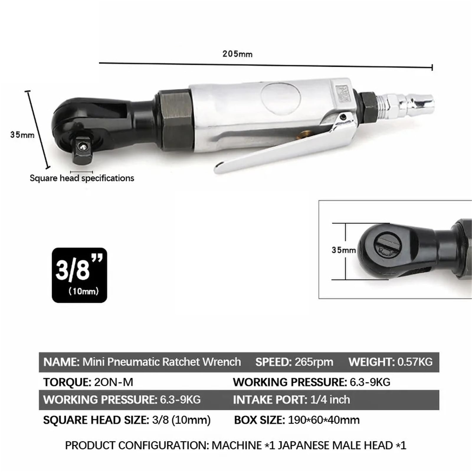Herramientas de llave trinquete aire neumática, torsión, herramienta reparación automática impacto, cabeza cuadrada 3/8, 10MM, 1/4 y 6,3 MM(1 4)