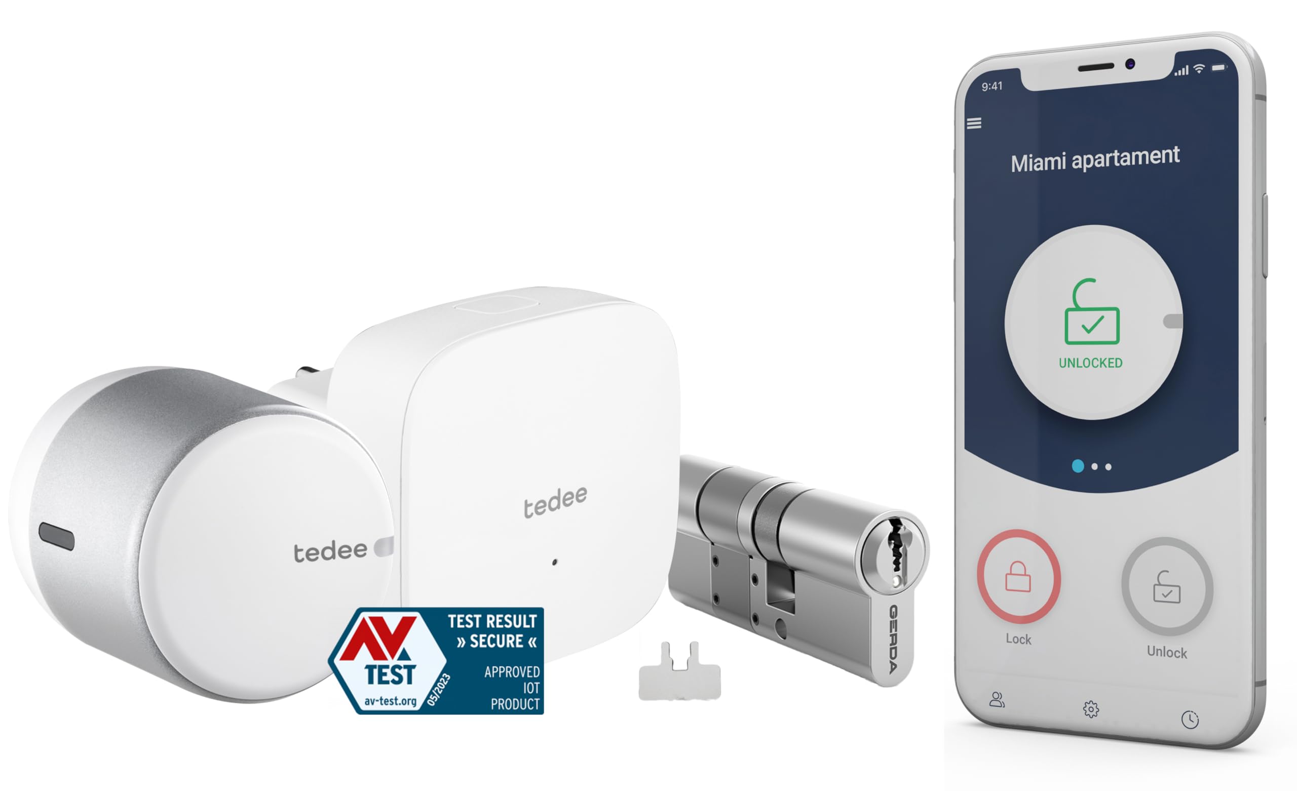 Go SmartLock, Smart Front Door Lock, Electronic Door Lock Turns Your Smartphone into a Key, for Euro Profile Cylinder, Silver (+ Bridge UK + Cylinder 30-61 mm/30 mm (A) + bar)