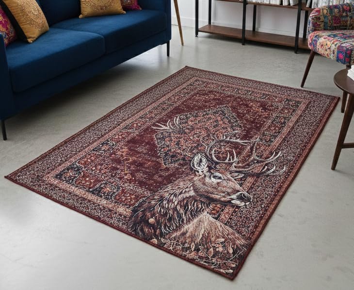 Image of Cotton Bolls Textiles Rugs for Living Room 5x7 Feet Large Size | Lightweight Foldable Carpet for Bedroom & Hall | Easy to Handle During Daily Cleaning | Travel Friendly Printed Rug | Deer