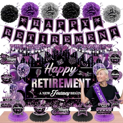 20pcs Retirement Party Decorations for Women Purple Happy Retirement Banner Table Honeycomb Centerpiece Hanging Swirls Pompoms Retired Sash Going Away Farewell Retired Party Supplies