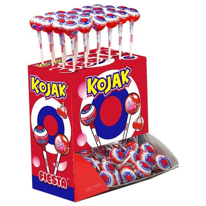 Fiesta Sucette Kojak fourrée Bubble Gum Cerise. Boite présentoir de 100
