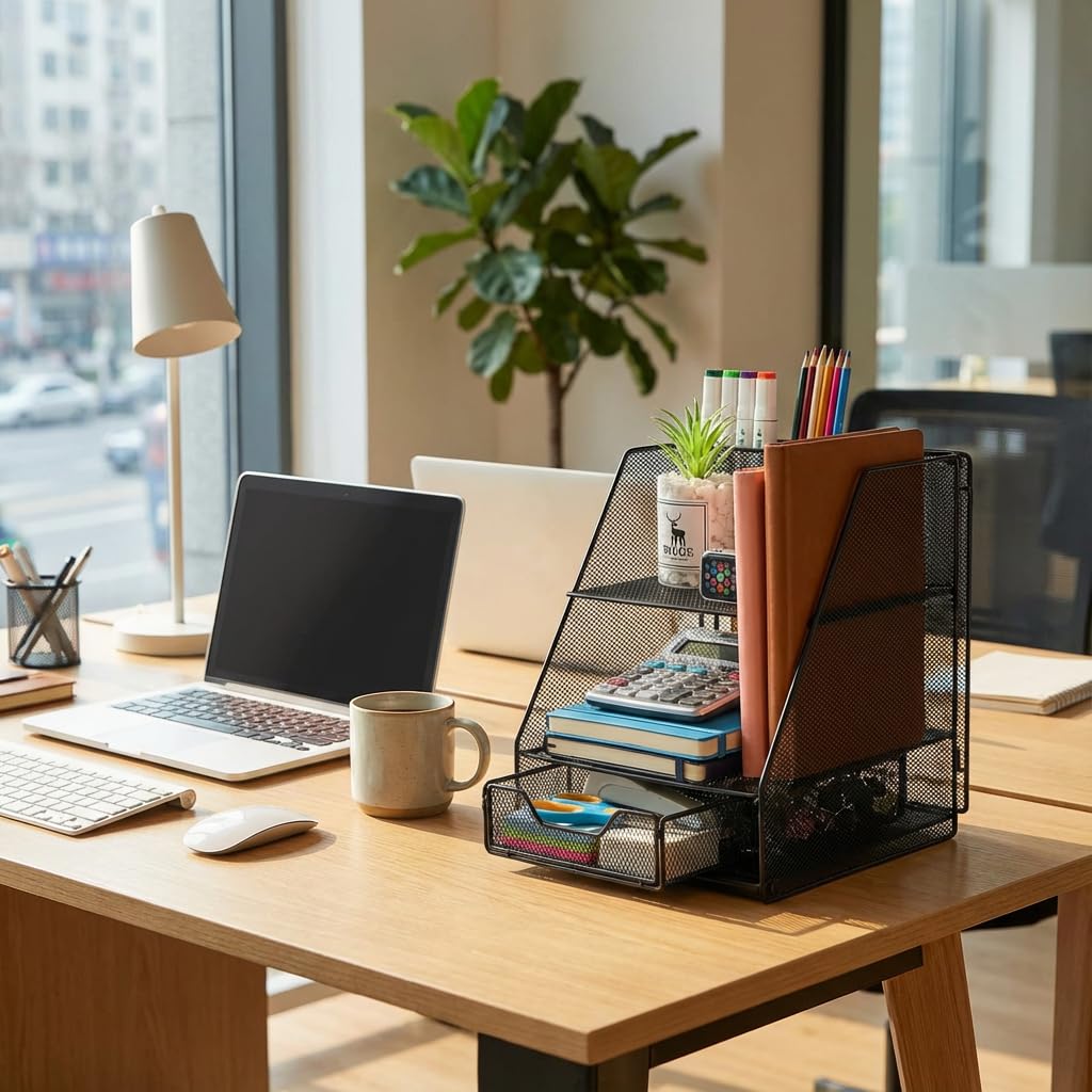 Organiseur de bureau Yungeln, Noir - Multifonctionnel & Pliable avec 2 tiroirs, porte-stylos, pour bureau & home office, porte-dossiers & rangement de documents