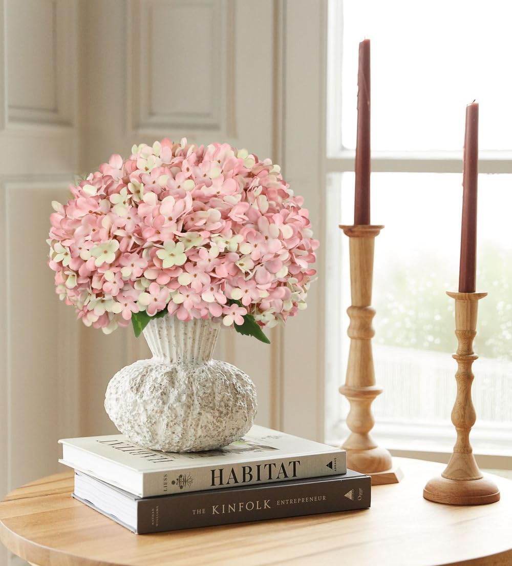 Hollyone 6PCS Pink Hydrangea Artificial Flowers Artificial Hydrangeas Silk Flowers for Home Decor Indoor Wedding Flower Faux Flower Kitchen Centerpiece Table Decorations
