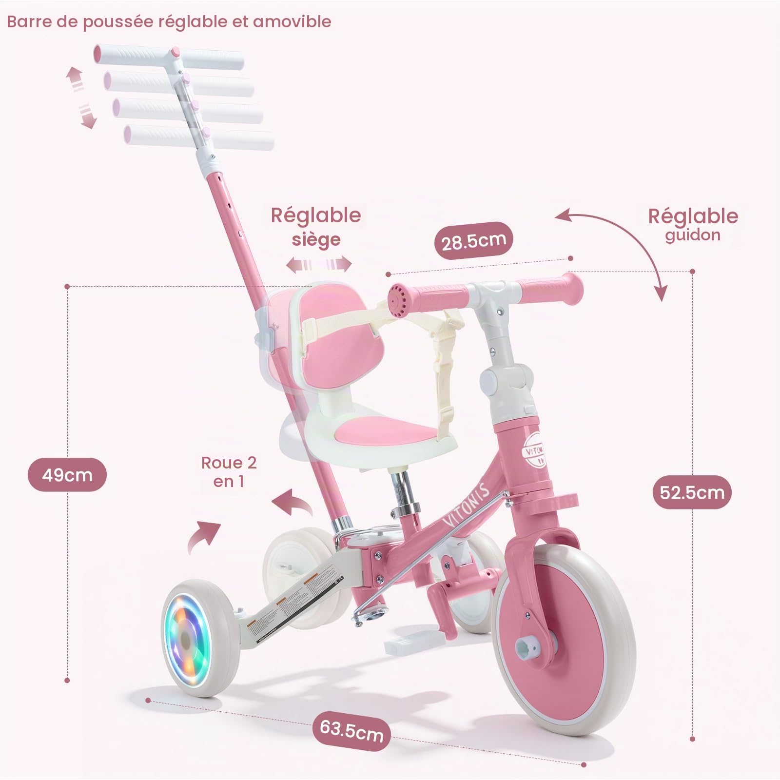 VITONIS Tricycle 5 en 1 pour Enfants de 18 Mois à 3 Ans, avec Roues Clignotantes, Tricycle avec Barre de poussée, Dossier et Ceinture de sécurité, Cadeau, vélo sans pédales, Rose