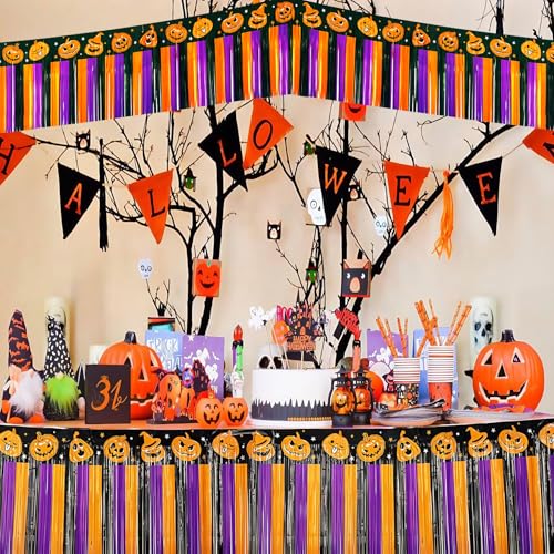 Image of 4 Packs 10 Feet Long Foil Fringe Halloween Garland Orange Purple Black Tinsel Metallic Streamers Pumpkin Wall Hanging Banner for Car Parade Floats Table Skirts Indoor Party Decorations