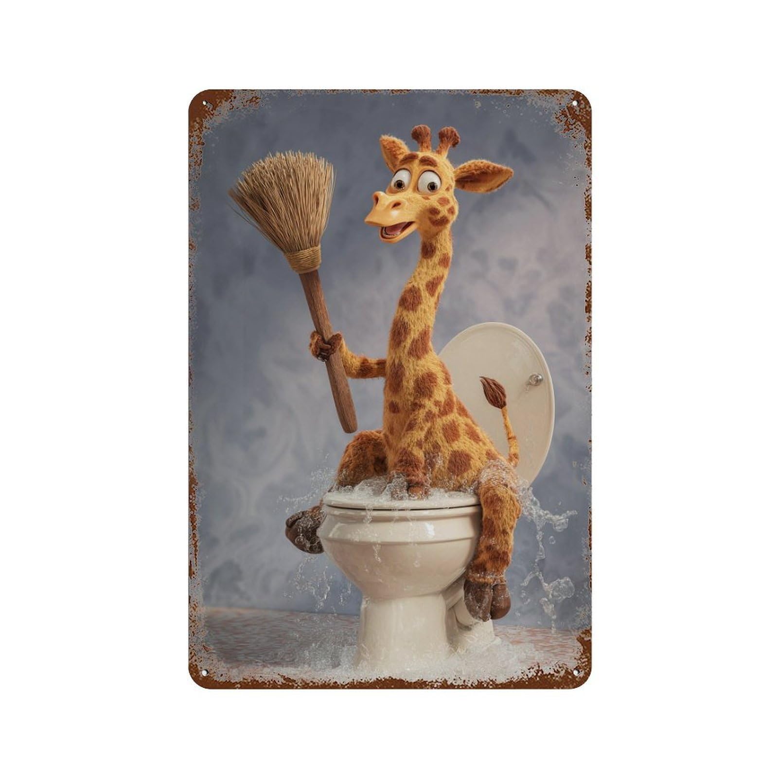 Giraffe Cleaning Toilet with Broom Distressed Metal Wall Sign 11.8"x7.9", Ideal for Pub, Kitchen And Man Cave Decor