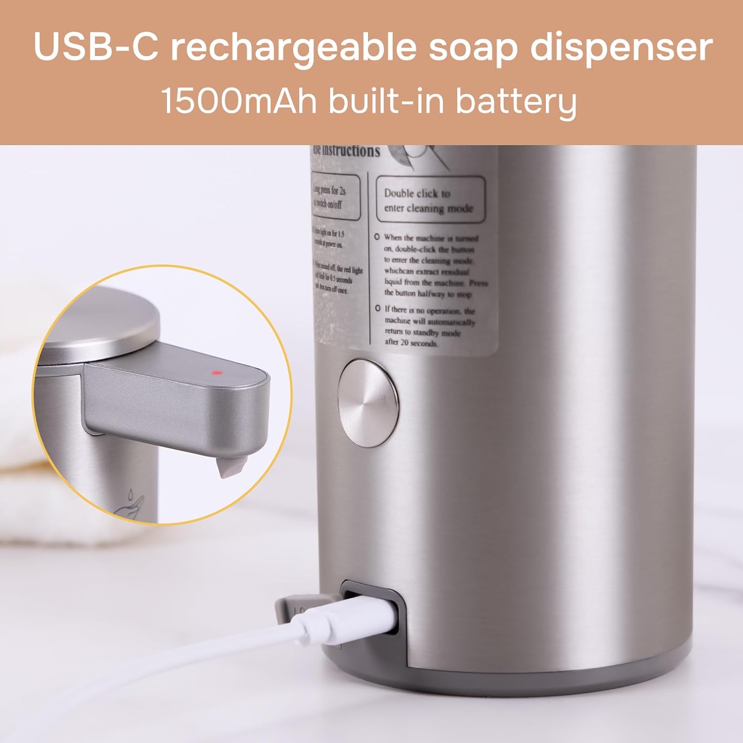 Automatic Soap Dispenser Stainless Steel with Sensor Infrared Soap Dispenser Electric IPX5 Waterproof USB-C Charging Motion Sensor for Kitchen & Bathroom, 9oz (Silver) - Image 3