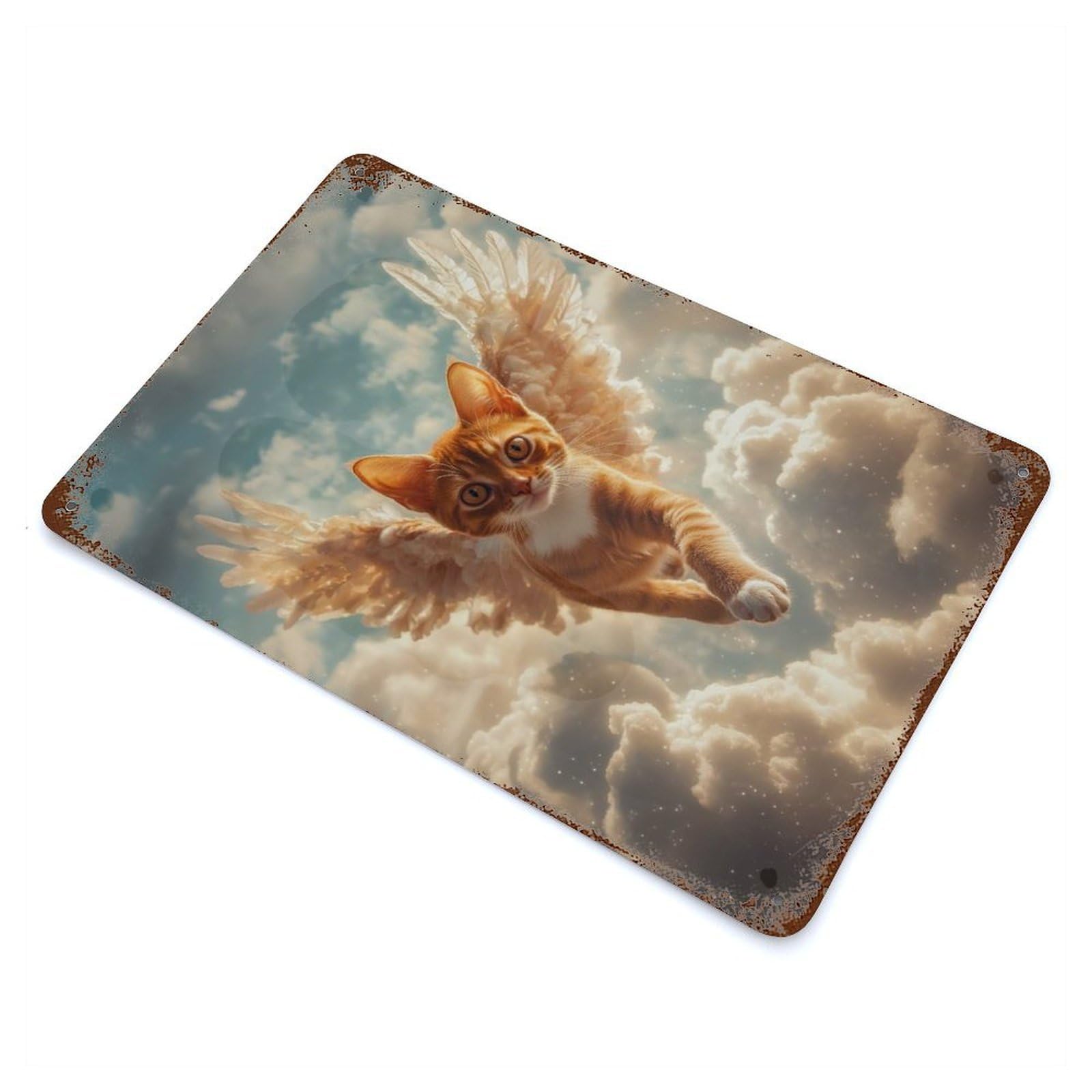 Cat Memorial Decor Angel Cat in Flight Vintage Rust Metal Sign 11.8"x7.9", Classic Wall Plaque for Basement, Hobby Room And Garage Decor