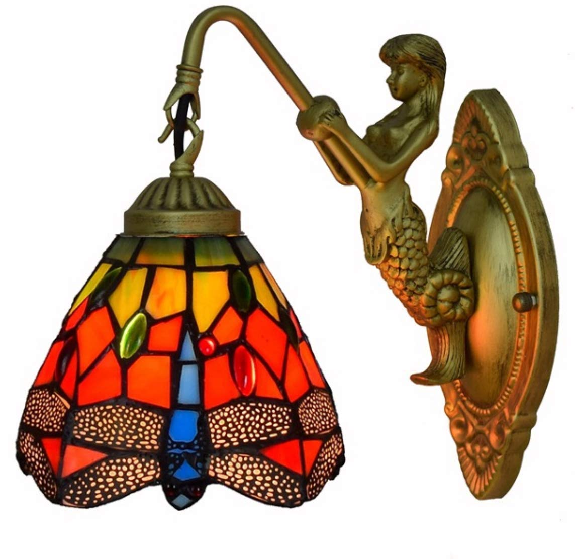 YCYMTiffany Style Dragonfly Wall Lamp 8" Width Vintage Stained Glass Mermaid Wall Sconces Lighting for Corridors Stairwells Dining Rooms Living Rooms Bedrooms