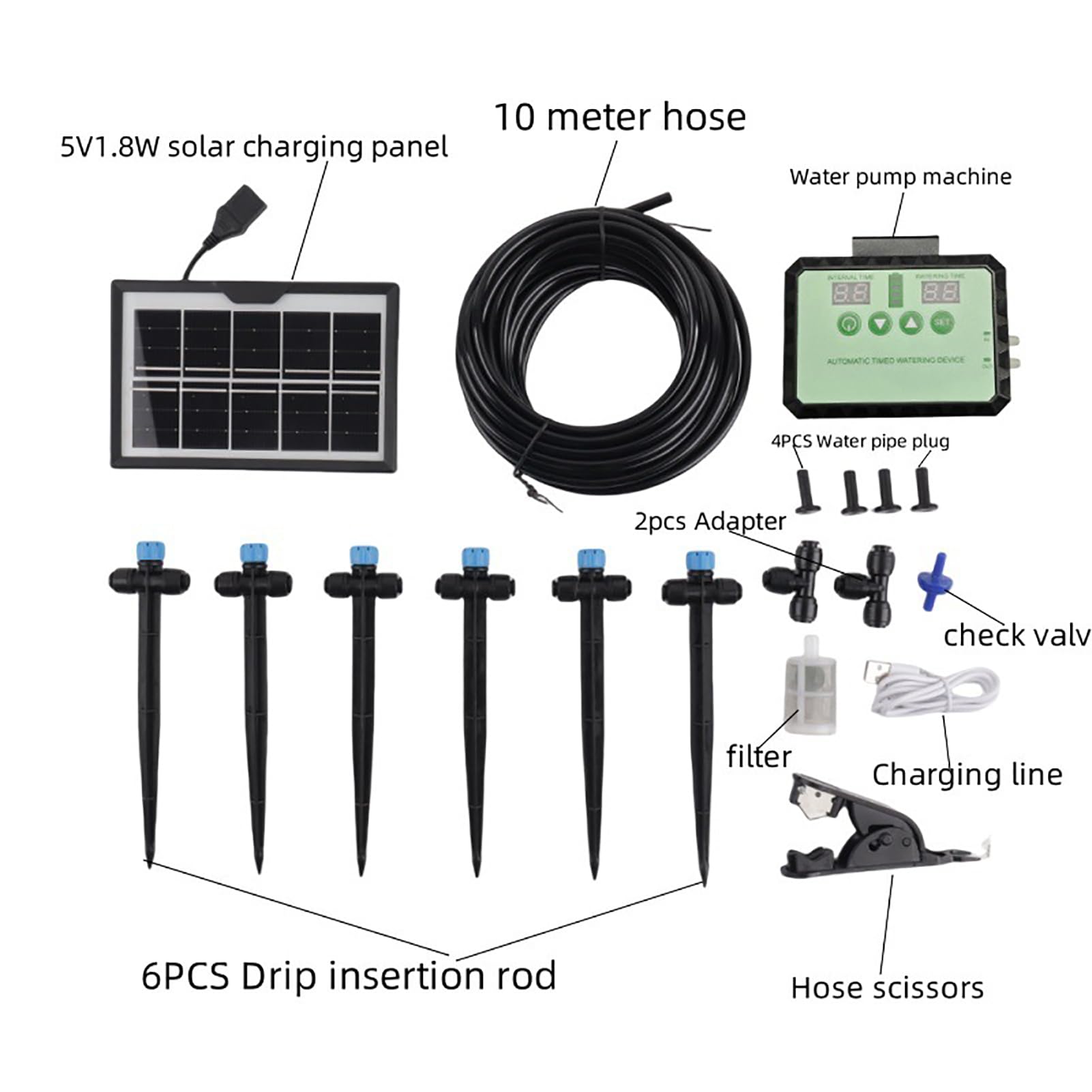 Fockety Système d'irrigation goutte à goutte, pompe à eau solaire, kit d'irrigation automatique avec minuterie, récupérateur d'eau de pluie et buse réglable, arrosage automatique (BLACK)