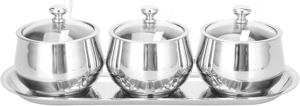 3Pcs Stainless Steel Seasoning Box, Condiment Jar Set Spice Jar Spice Rack Condiment Cruet Bottle Salt Pepper Sugar Storage Organizers with with Tempered Glass Lid & Spoon