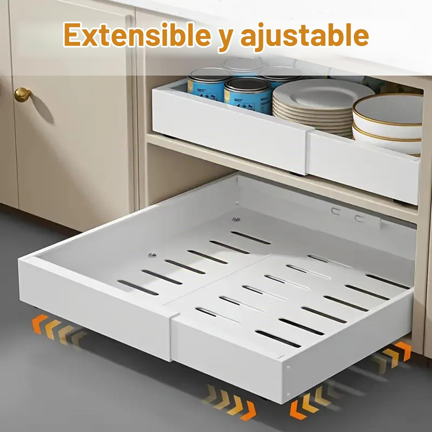 Paquete de 2 Cajones Extraibles para Cocina,Cajón Telescópico,bandeja extraible armario cocina(32-52 Cm)Organizador De Cocina,Para Guardar Utensilios De Cocina Corredero Sin Taladrar(Blanco)