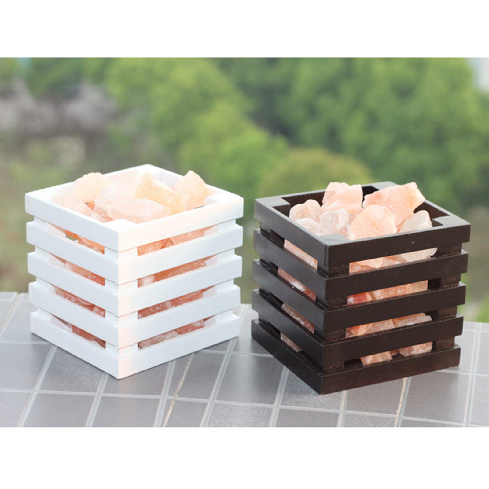 Lámpara de sal de cristal cuadrada de madera, Lámpara de sal del Himalaya creativa, Lámpara de sal de cristal Luz de noche cálida, Lámpara de sal cuadrada de moda, Lámpara de sal antirradiación,White