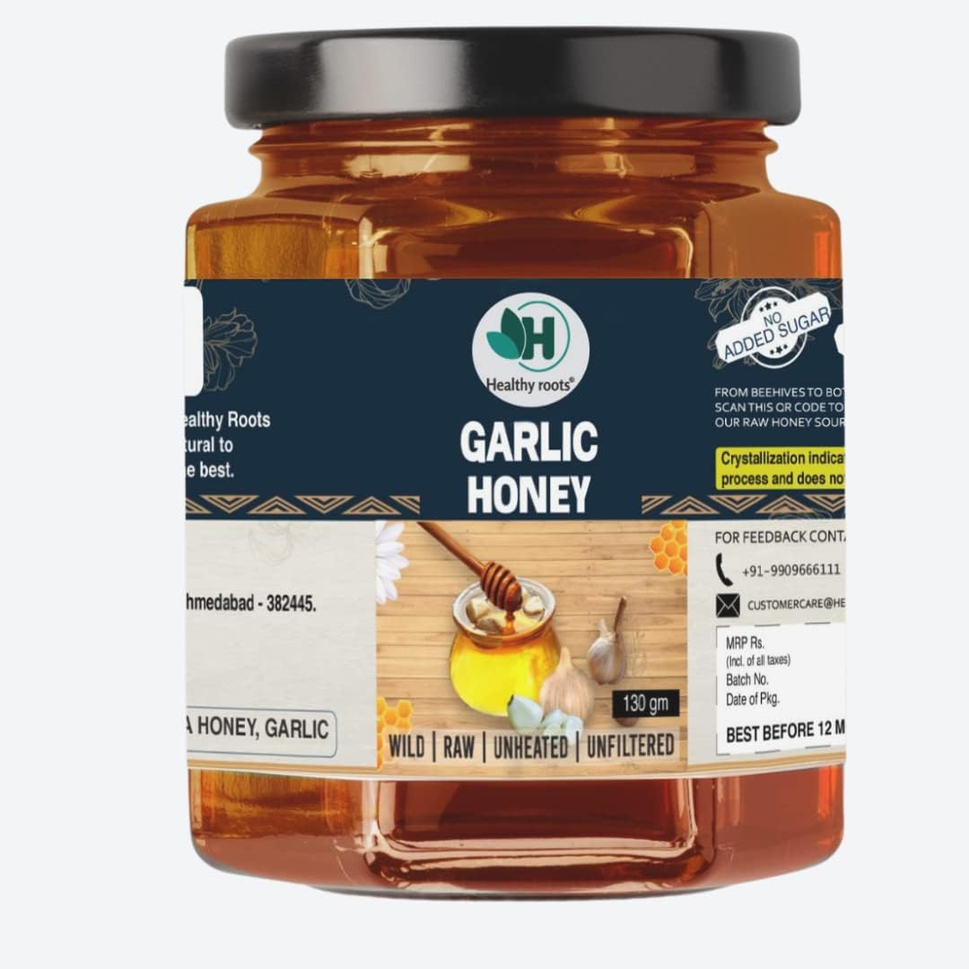 Healthy roots Garlic Honey-100% Natural, Pure & Unprocessed-with Crushed Garlic -Boosts Immunity- 130gm