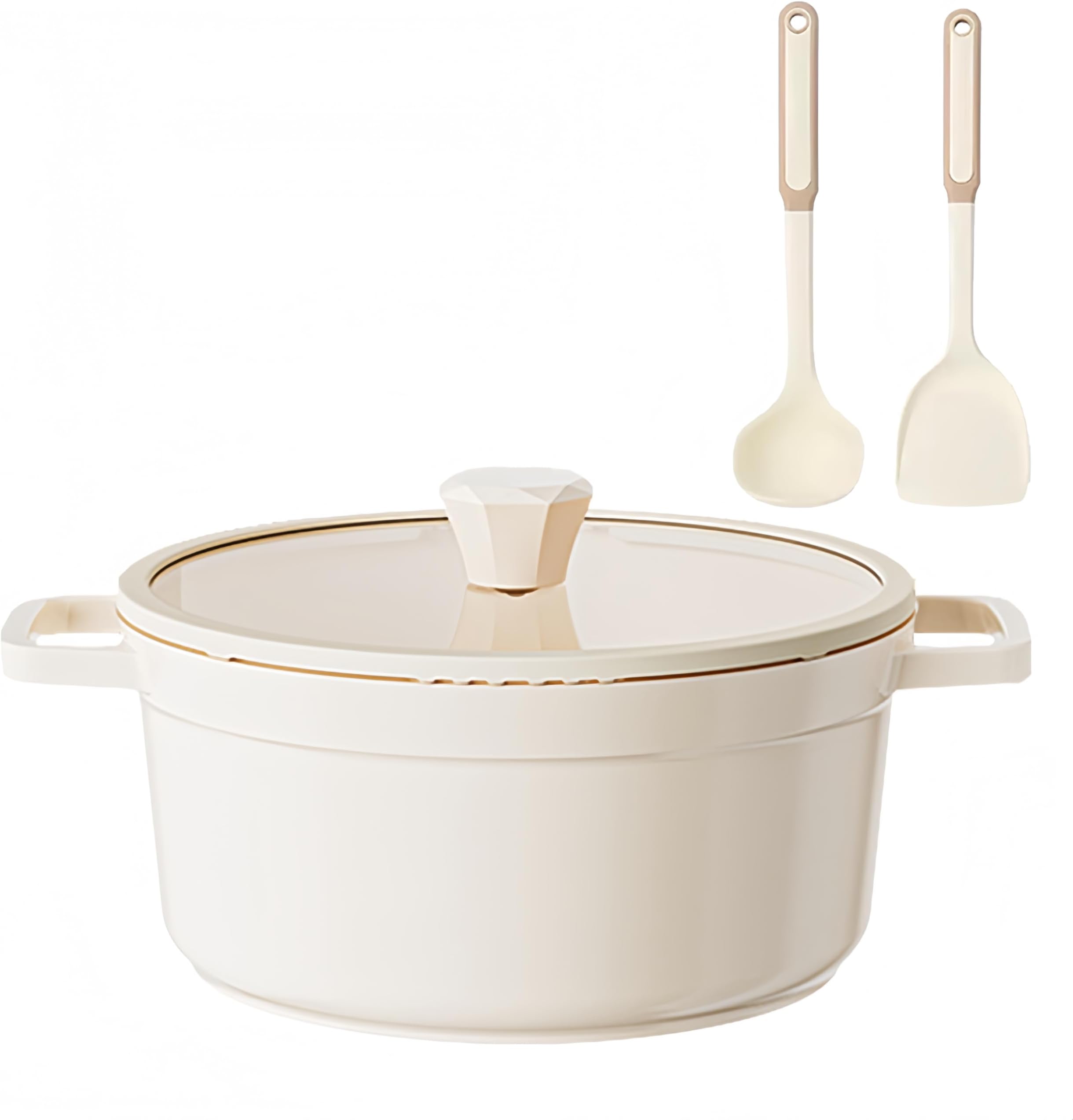 5QT Ceramic Nonstick Dutch Oven Pot with Glass Lid - Nonstick Induction StockPot with Lid Soup Ladle Spatula Healthy Cooking PFAS and PTFE Free