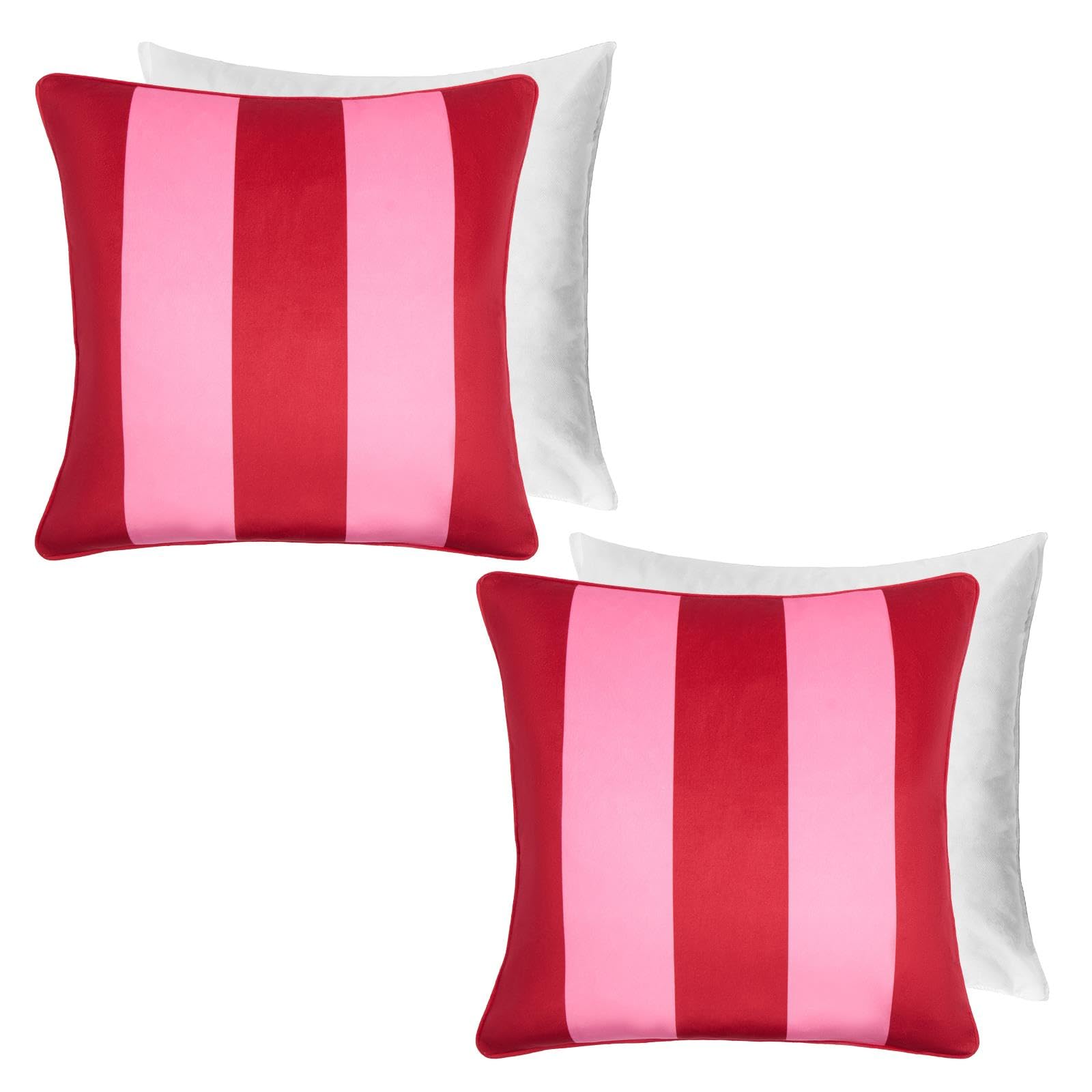 Ohs Red/Pink Matte Velvet Stripe Filled Cushions With Covers, Ultra Soft Velvet Striped Pattern Sofa Pillowcases 2 Pack With Hidden Zipper Valentines Gift Sets For Living Room Bed, - 45X45cm