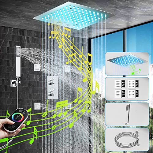 Rain Shower System, 12Inch LED Smart Thermostatic Shower System with Music Bluetooth Control of Modern Luxury Square Overhead Shower Set for Bathroom Rain Shower System, 12Inch LED Smart Thermostatic Shower System with Music Bluetooth Control of Modern Luxury Square Overhead Shower Set for Bathroom