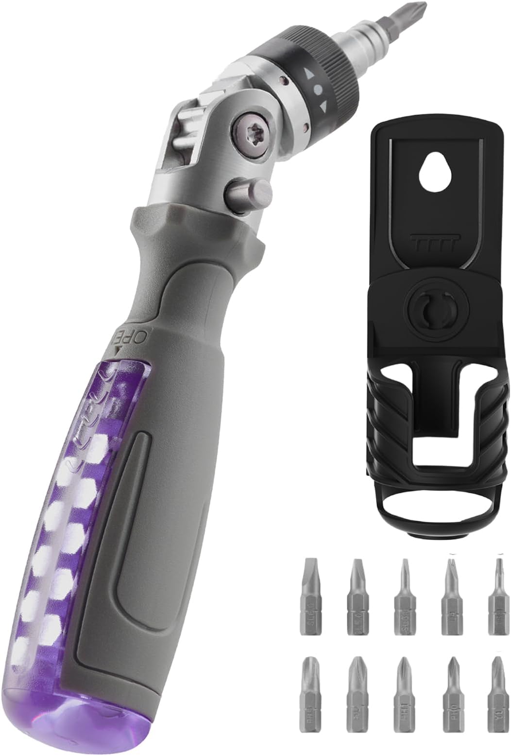 FantastiCAR 12 in 1 Ratcheting Screwdriver, Multi-function, Magnetic, with Rotatable Batch Head and Plastic Support Bracket (Purple)