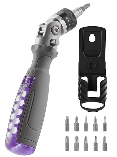 FantastiCAR 11 in 1 Ratcheting Screwdriver, Multi-function, Magnetic, with 180 degree Rotatable Batch Head and Plastic Support Bracket (Purple)