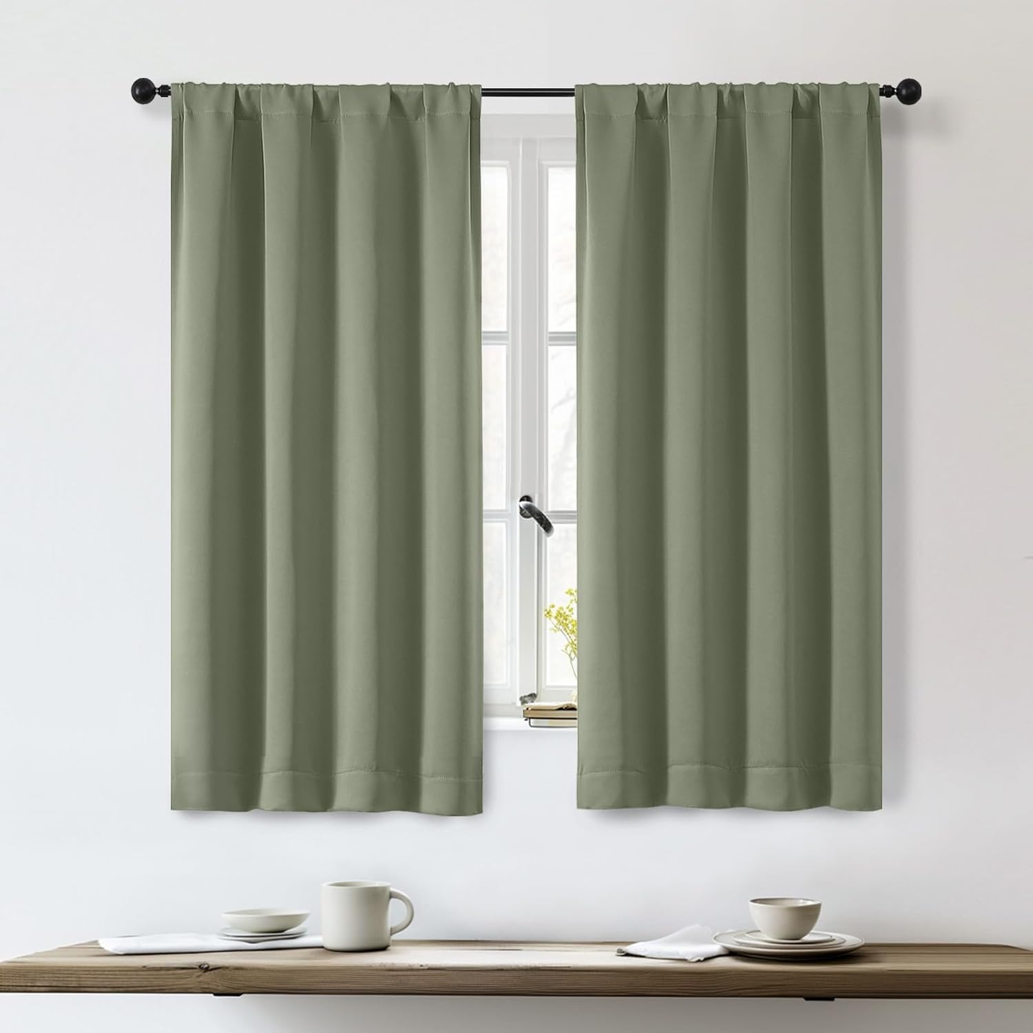 OWENIE Sally Sage Green Short Blackout Curtains for Bedroom Living Room 54 Inch Length 2 Panels Set, Solid Thermal Insulated, Energy Saving Window Treatment Curtains Bathroom Drapes, W40 x L54, Sage Sage Green 40"W x 54"L (Pack of 2)