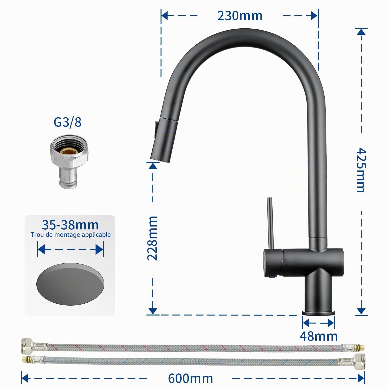 CECIPA Robinet de Cuisine Noir Extractible, Mitigeur avec Douchette 2 Modes de Jet, Rotation 360°, Haute Pression, Acier Inoxydable pour Évier de Cuisine