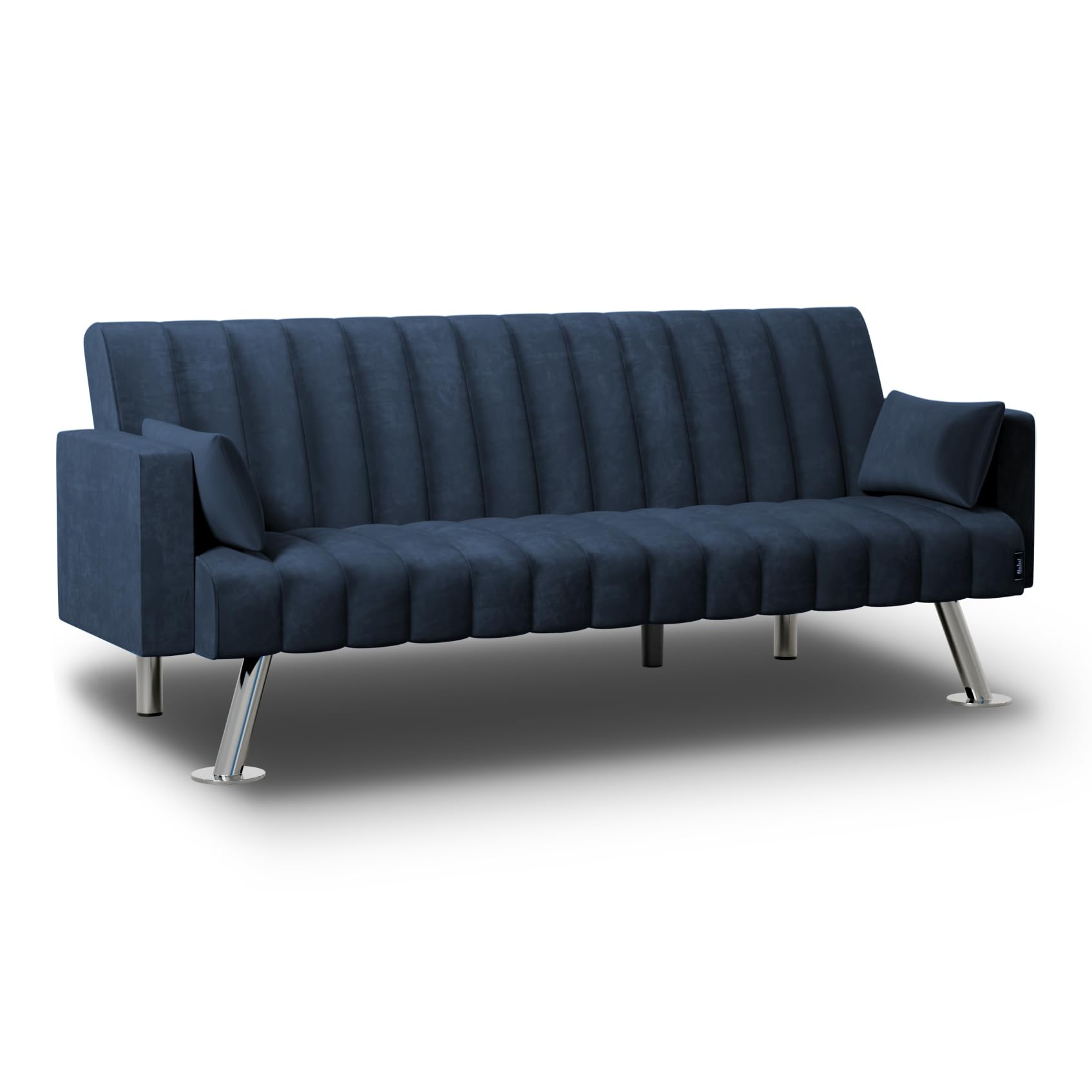 Nalui - Sofá Cama 3 Plazas Acolchado 210x80x79cm One Lines, 2 Cojines y Apertura Clic-Clac con Reclinación Ajustable. Sofá Cama Chaise Longue Aterciopelado Convertible en Cama Doble | Azul Marino
