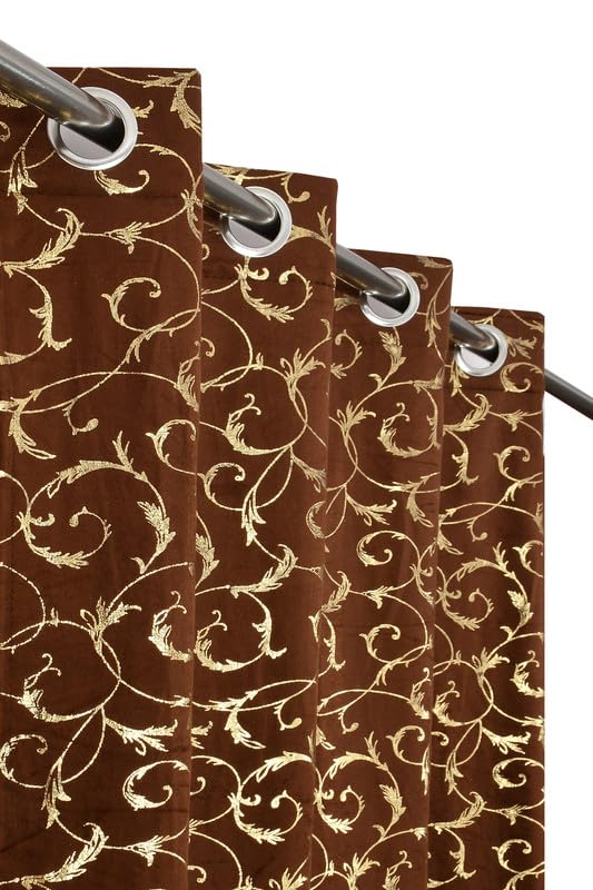 FABDRAPE Velvet Fabric Luxury Looks Leaf Design Room Darkening Curtains 10 Feet for Long Door, Coffee, Pack of 4 Pieces Deal