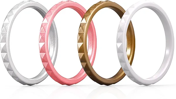 ThunderFit Thin and Stackable Silicone Rings for Women, Rubber Wedding Bands for Women Engagement Diamond Pattern 2.5mm Wide 2mm Thick, 4-Pack