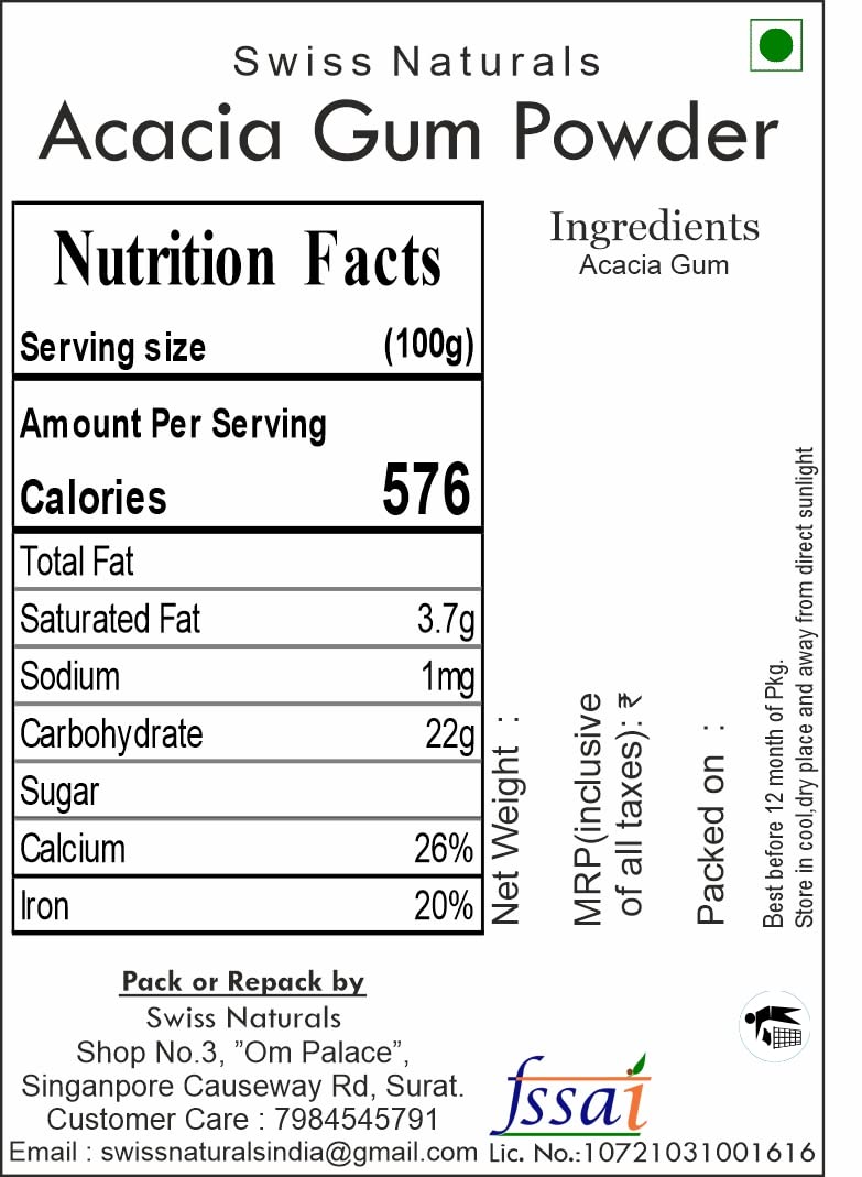 Swiss Naturals Acacia Gum Powder 400g | Edible Gond Powder | Natural Thickener for Baking Drinks & Sweets | High Fibre Plant-Based | Vegetarian | Resealable Pack 3