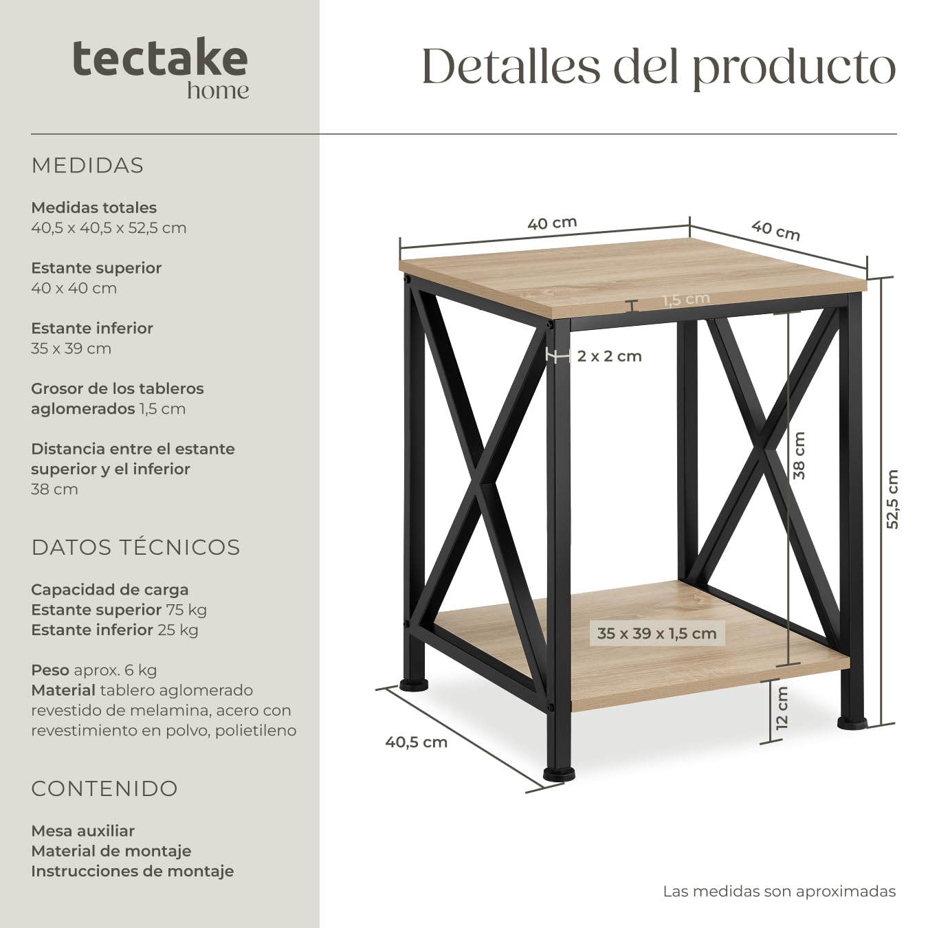 tectake® Mesa Auxiliar Salon Estilo Industrial con 2 Estantes y Pies Ajustables, Mesitas de Noche, Decoracion Hogar, Muebles, Oficina - 40,5 x 40,5 x 52,2 cm Madera Industrial Clara, Roble Sonoma