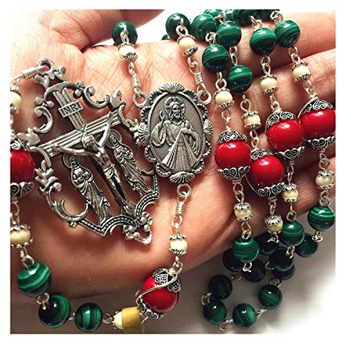 elegantmedical Handmade Malachite & Red Coral Rosary Beads Cross Necklace Catholic Gifts
