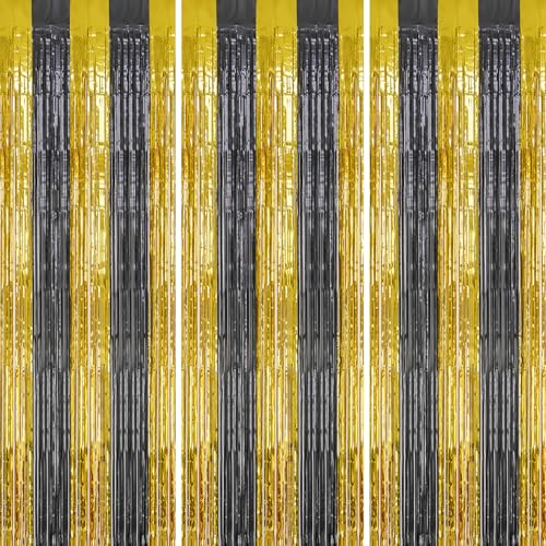 Image of DECOCKRAT 3 Pack Foil Fringe Backdrop - Black&Gold Shiny Tinsel Curtains for Party Decoration /Photo Booth Props - 3.3x8.2 FT Metallic Foil Backdrop for Birthday, Wedding, Graduation, Christmas.