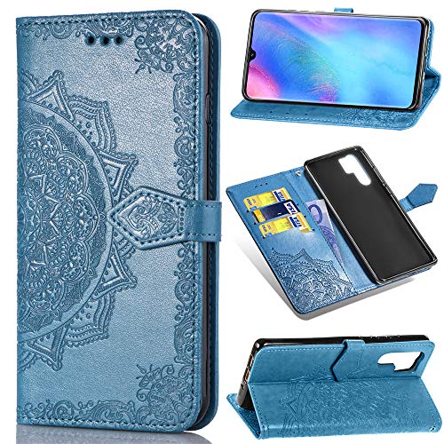 Funda para Huawei P30 Pro, Carcasa Libro con Tapa Flip Case Antigolpes Golpes Cartera PU Cuero Suave Soporte con Correa Cordel - Mandala Azul