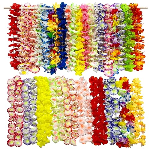 Miyumati 50Pcs Hawaiian Leis for Luau Party Bulk, Luau Leis Lays Necklace Hawaiian Party Supplies for Adults and Kids, Hawaiian Flower Leis for Tropical/Pool/Beach Themed Party