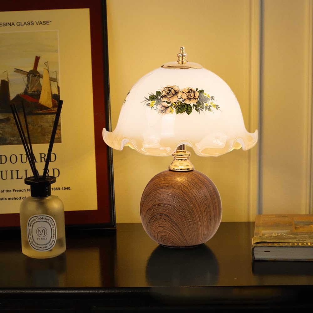XINYASEE Vintage-Tischlampe mit Holzfuß und floralem Glasschirm, Retro-Nachttischlampe für Schlafzimmer, Wohnzimmer, Büro, Mid-Century-Modern-Dekor (A)